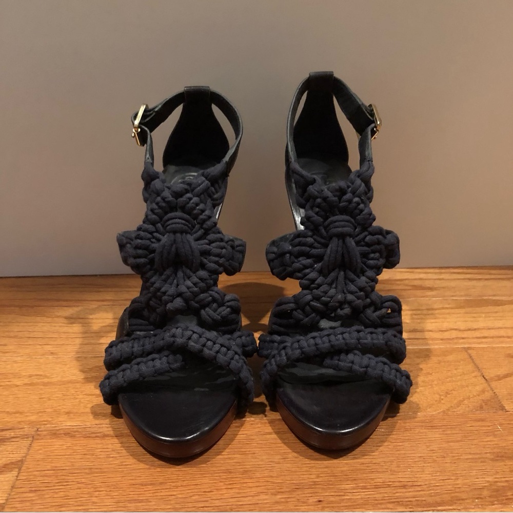 Tory Burch Navy Blue Macrame, leather sole, wood heel, High-Heeled Sandals